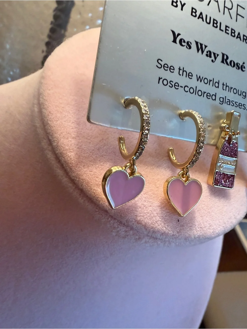 New Sugarfix BaubleBar Pink Heart & Glitter Rosé Bottle Earring Set